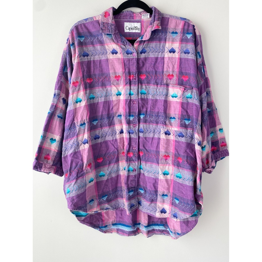 Vintage Capistrano Heart Plaid Button Up Shirt 20/22 Purple 90s Retro Valentines